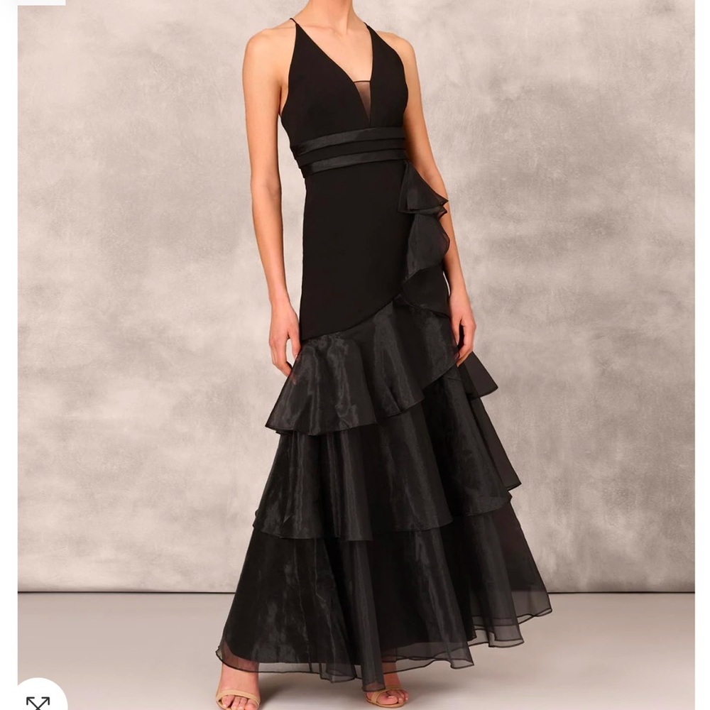 AIDAN MATTOX
TIERED TRUMPET DRESS WITH RUFFLES IN BLACK in Amazing Condition!